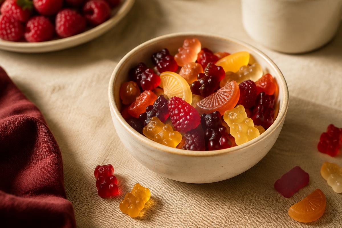 Bowl of gummy bears and fruit gummies that may contain gelatin — checking the gelatin source is key to knowing if they are halal