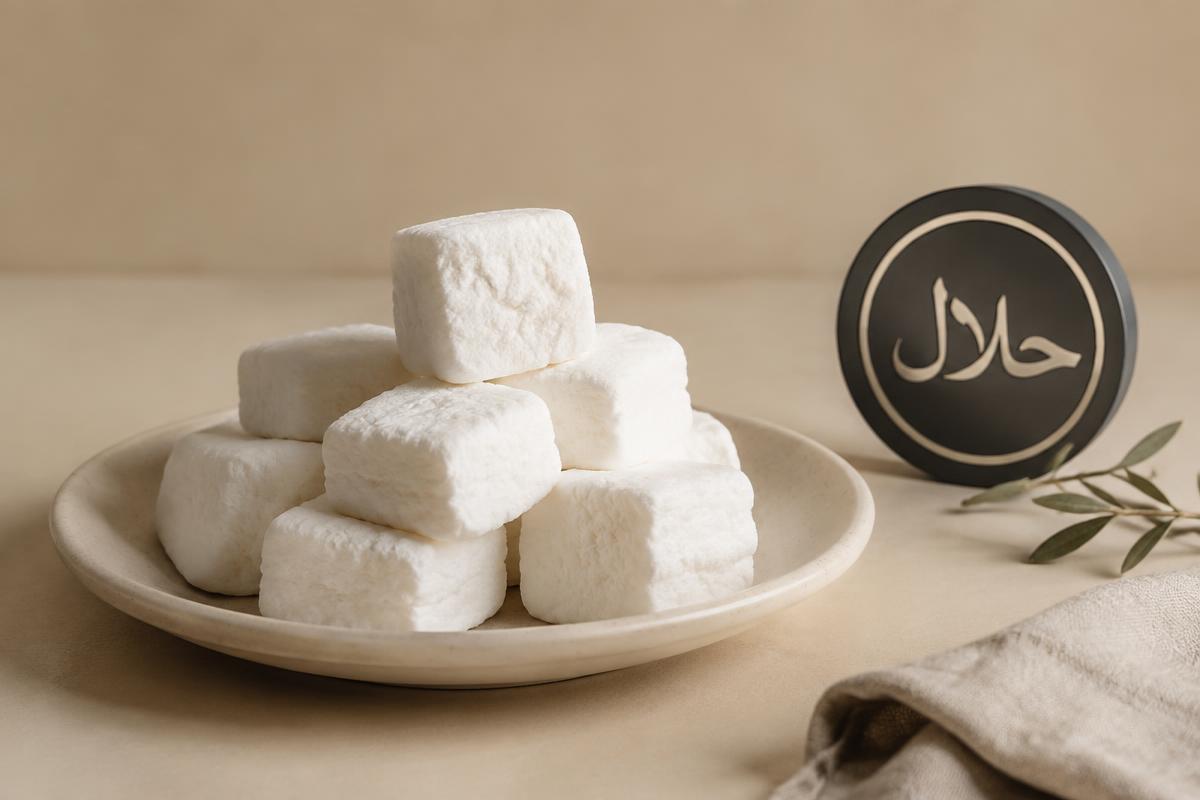 Halal marshmallows on a plate next to a halal certification mark — marshmallows made with halal-certified or plant-based gelatin