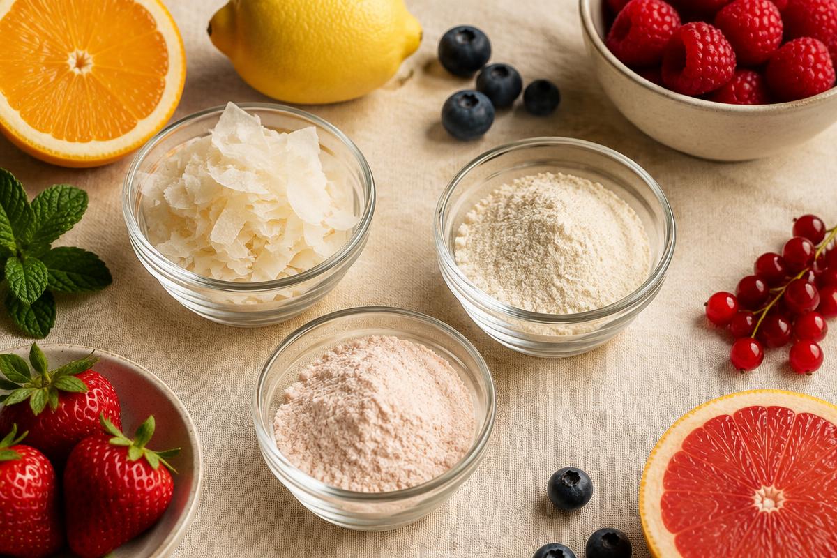 Plant-based halal gelatin alternatives including agar-agar, pectin powder and carrageenan in glass bowls with fresh fruit