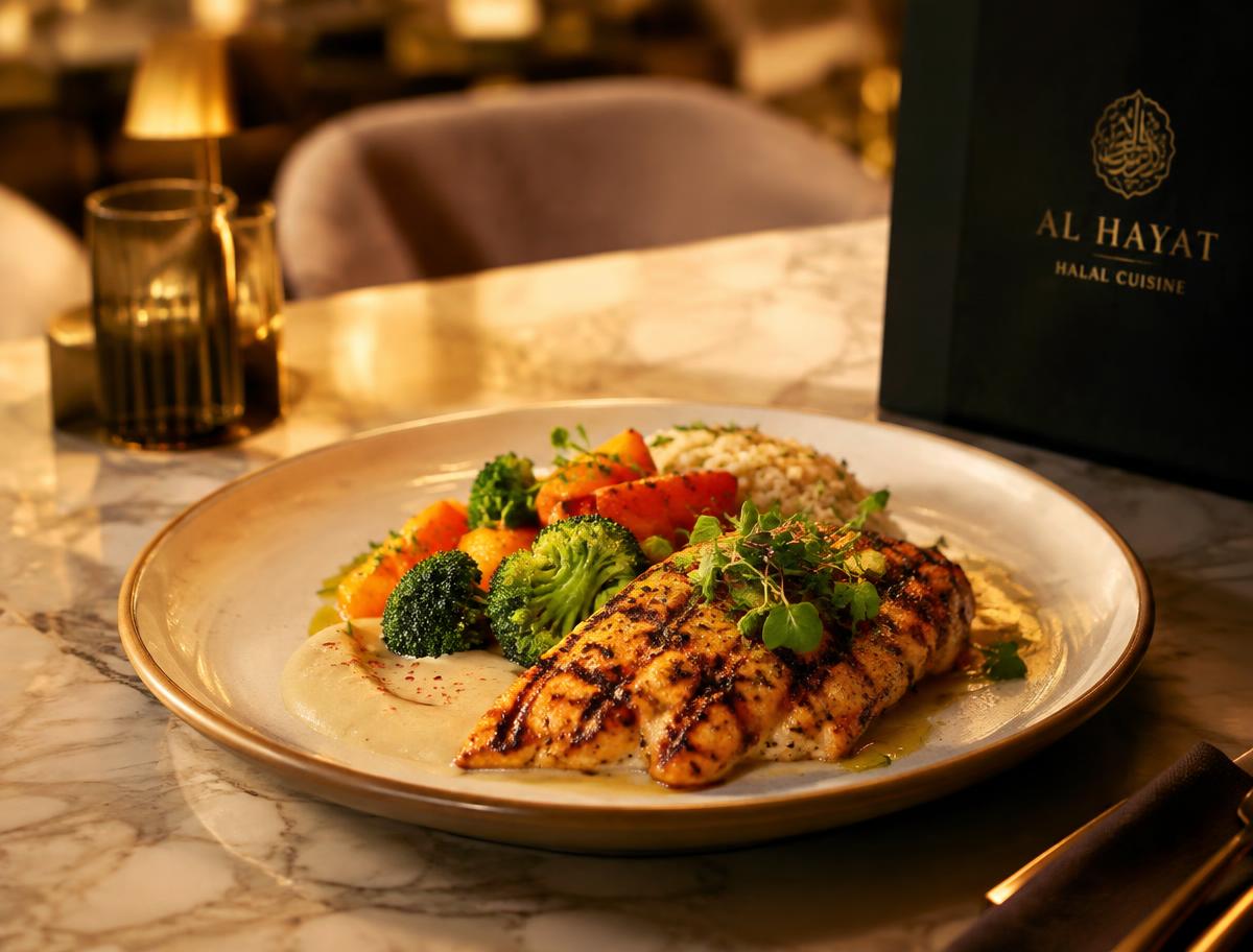 Grilled chicken plated with vegetables on a marble table in a warmly lit halal restaurant