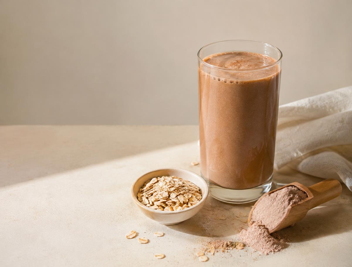 Chocolate protein shake in a glass beside a scoop of protein powder and oats