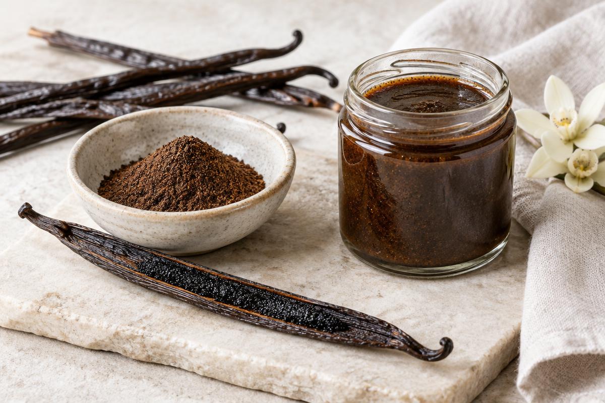 Vanilla bean powder and vanilla paste shown with whole vanilla pods as alternatives to alcohol-based vanilla extract