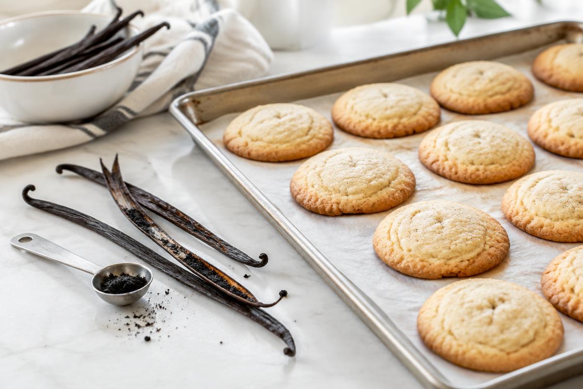 Vanilla cookies baked with vanilla beans on a tray beside a measuring spoon