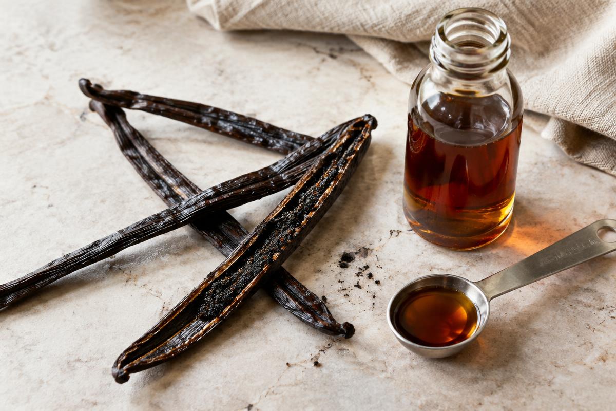 Vanilla beans, pure vanilla extract and a teaspoon used to measure vanilla flavoring