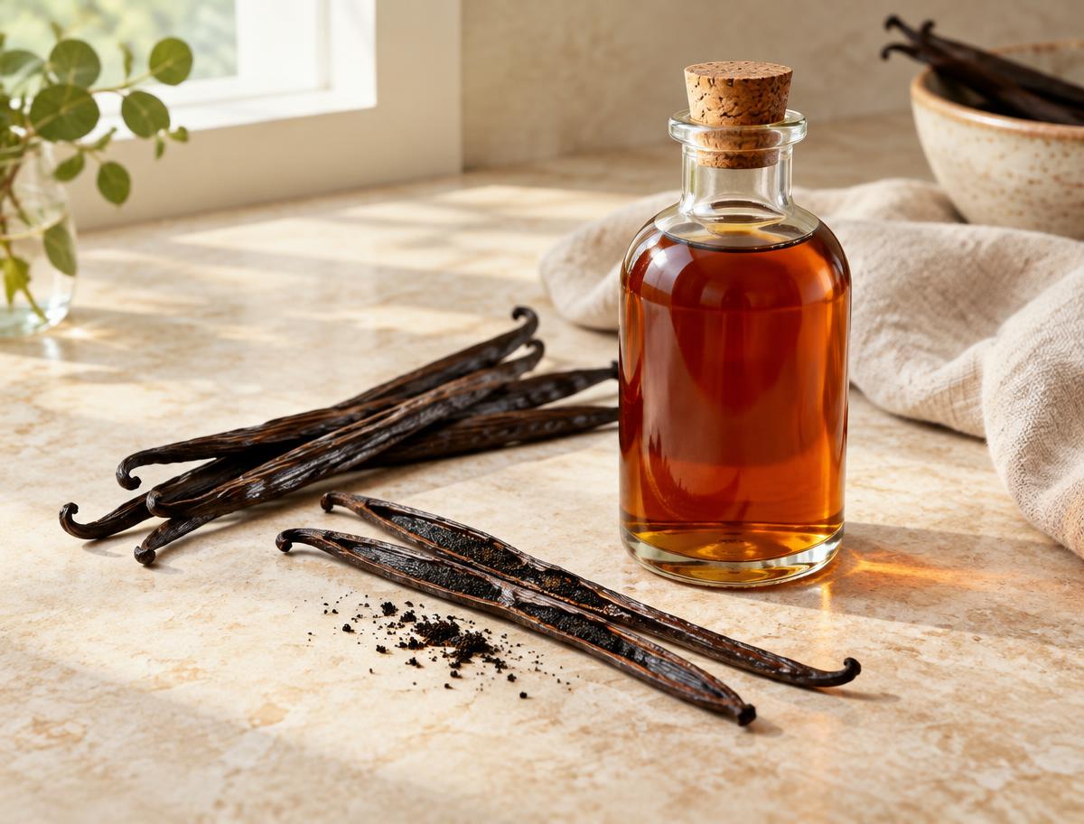 Vanilla extract in a glass bottle with vanilla beans on a kitchen counter